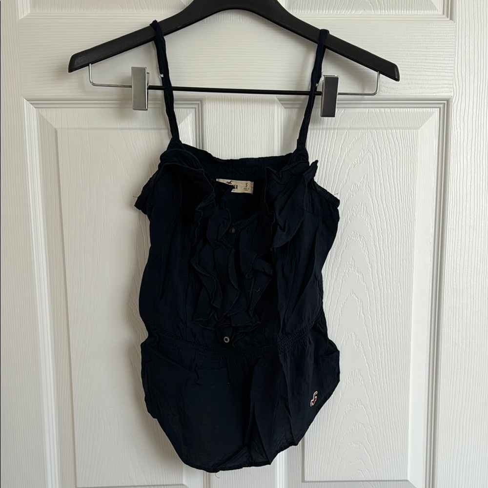Navy Ruffled Sleeveless Spaghetti Strap Blouse